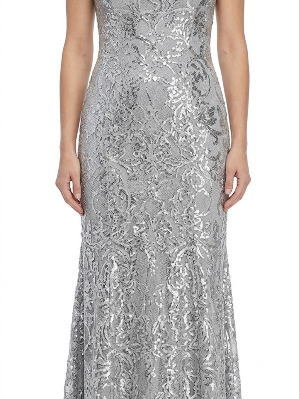 Xscape Silver Sequined Lace Maxi Dress